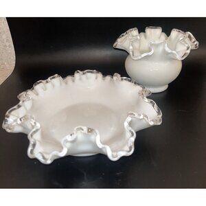 Fenton Silver Crest Milk Glass White 2 Pieces Small Vase Bowl Shallow Dish